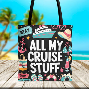 Cruise tote bag with All My Cruise Stuff text and colorful vacation icons