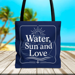 Water, Sun and Love cruise tote bag with navy nautical cruise ship, sun, waves, and anchor design
