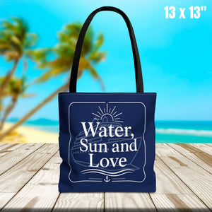 Water, Sun and Love cruise tote bag with navy nautical cruise ship, sun, waves, and anchor design 13 inch