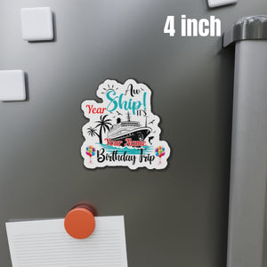 Personalized Aw Ship birthday trip cruise door magnet with custom name and age, cruise ship, palm trees, dolphins, and balloons 4 inch