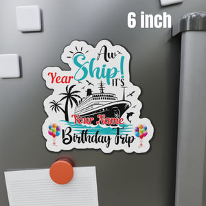 Personalized Aw Ship birthday trip cruise door magnet with custom name and age, cruise ship, palm trees, dolphins, and balloons 6 inch