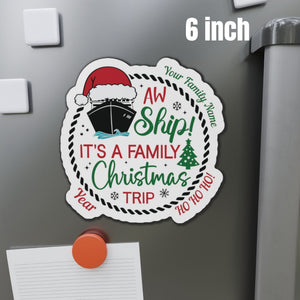 Personalized Aw Ship family Christmas trip cruise door magnet with Santa cruise ship, custom family name, year, and festive holiday design 6 inch