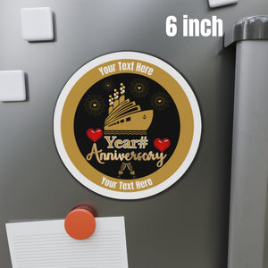 Personalized anniversary cruise door magnet with custom text, anniversary number, gold cruise ship, fireworks, hearts, and champagne glasses 6 inch