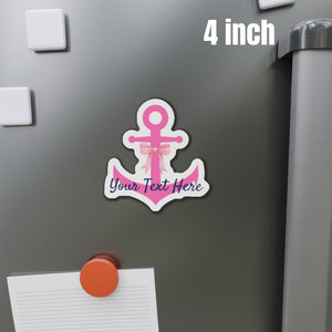 Pink anchor-shaped magnet with a light pink printed bow, white border and navy script