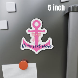 Pink anchor-shaped magnet with a light pink printed bow, white border and navy script