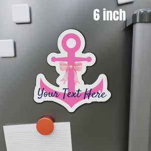 Pink anchor-shaped magnet with a light pink printed bow, white border and navy script