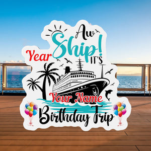 Personalized Aw Ship birthday trip cruise door magnet with custom name and age, cruise ship, palm trees, dolphins, and balloons