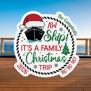 Personalized Aw Ship family Christmas trip cruise door magnet with Santa cruise ship, custom family name, year, and festive holiday design