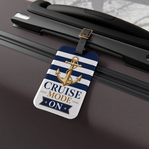 Cruise Mode On acrylic luggage tag with navy and white stripes, gold anchor design, and black leather strap