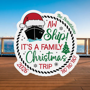 Personalized Aw Ship family Christmas trip cruise door magnet with Santa cruise ship, custom family name, year, and festive holiday design