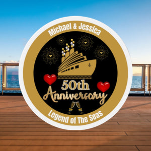 Personalized anniversary cruise door magnet with custom text, anniversary number, gold cruise ship, fireworks, hearts, and champagne glasses