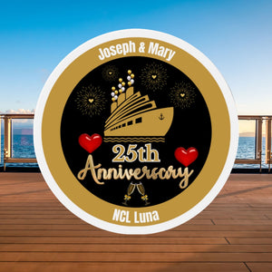 Personalized anniversary cruise door magnet with custom text, anniversary number, gold cruise ship, fireworks, hearts, and champagne glasses