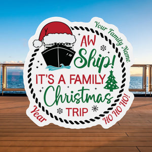 Personalized Aw Ship family Christmas trip cruise door magnet with Santa cruise ship, custom family name, year, and festive holiday design