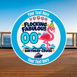 Personalized Flocking Fabulous Birthday Cruise magnet featuring a pink flamingo in a party hat, birthday cake, ocean waves and a custom name