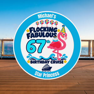 Personalized Flocking Fabulous Birthday Cruise magnet featuring a pink flamingo in a party hat, birthday cake, ocean waves and a custom name