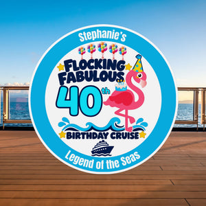 Personalized Flocking Fabulous Birthday Cruise magnet featuring a pink flamingo in a party hat, birthday cake, ocean waves and a custom name
