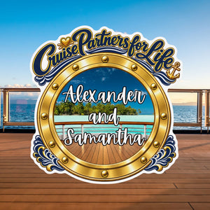 Personalized Cruise Partners for Life cruise door magnet with gold porthole design, custom names, and scenic ocean background
