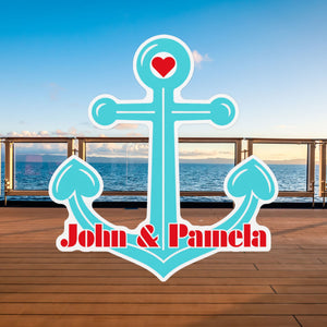 Personalized cruise door magnet featuring a turquoise anchor, red heart, white border in retro lettering
