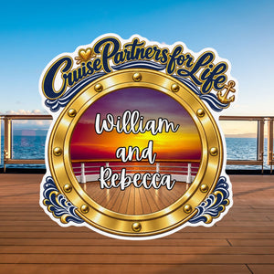 Personalized Cruise Partners for Life cruise door magnet with gold porthole design, custom names, and scenic ocean background
