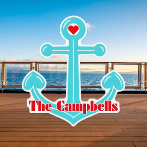 Personalized cruise door magnet featuring a turquoise anchor, red heart, white border in retro lettering