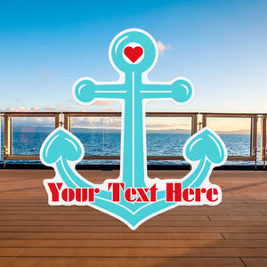 Personalized cruise door magnet featuring a turquoise anchor, red heart, white border in retro lettering