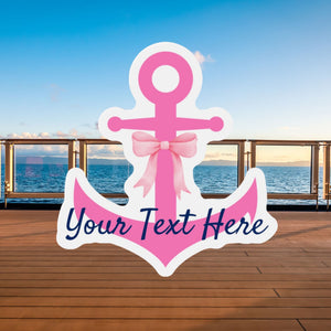 Pink anchor-shaped magnet with a light pink printed bow, white border and navy script