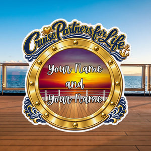 Personalized Cruise Partners for Life cruise door magnet with gold porthole design, custom names, and scenic ocean background