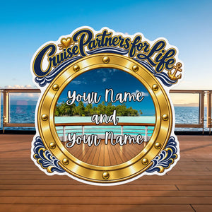 Personalized Cruise Partners for Life cruise door magnet with gold porthole design, custom names, and scenic ocean background