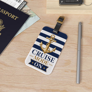 Cruise Mode On acrylic luggage tag with navy and white stripes, gold anchor design, and black leather strap