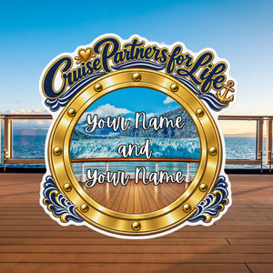 Personalized Cruise Partners for Life cruise door magnet with gold porthole design, custom names, and scenic ocean background