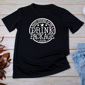Drink Package Club cruise T-shirt with white circular badge lettering, stars, gold anchors, and colourful cocktail graphics.