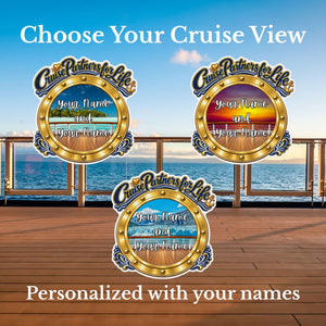Personalized Cruise Partners for Life cruise door magnet with gold porthole design, custom names, and scenic ocean background