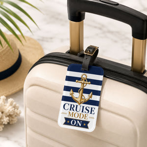 Cruise Mode On acrylic luggage tag with navy and white stripes, gold anchor design, and black leather strap