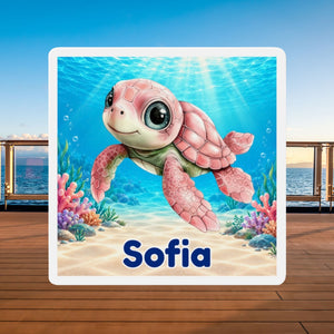 Square personalized cruise door magnet with a blue baby sea turtle, underwater coral scene
