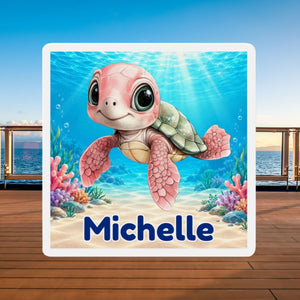 Square personalized cruise door magnet with a blue baby sea turtle, underwater coral scene