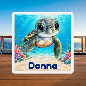 Square personalized cruise door magnet with a blue baby sea turtle, underwater coral scene