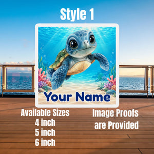 Square personalized cruise door magnet with a blue baby sea turtle, underwater coral scene