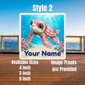 Square personalized cruise door magnet with a blue baby sea turtle, underwater coral scene
