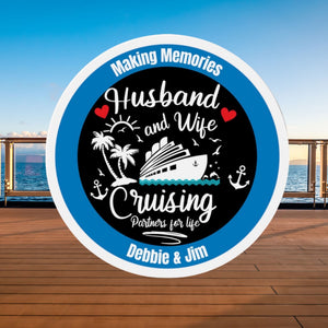 Personalized Husband and Wife cruise door magnet with Cruising Partners for Life nautical design