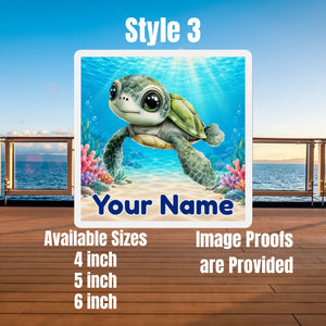 Square personalized cruise door magnet with a blue baby sea turtle, underwater coral scene