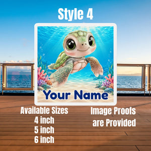 Square personalized cruise door magnet with a blue baby sea turtle, underwater coral scene