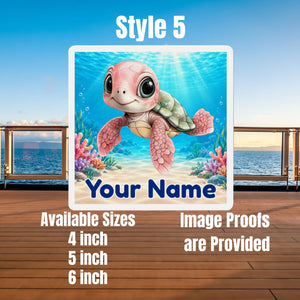 Square personalized cruise door magnet with a blue baby sea turtle, underwater coral scene