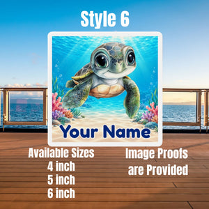 Square personalized cruise door magnet with a blue baby sea turtle, underwater coral scene