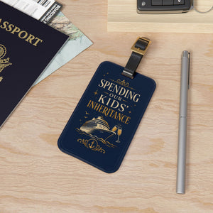 Spending Our Kids’ Inheritance cruise luggage tag with navy and gold design, cruise ship artwork, and black leather strap