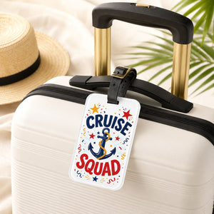 Cruise Squad acrylic luggage tag with navy anchor, red and gold stars, colourful streamers, and adjustable black leather strap
