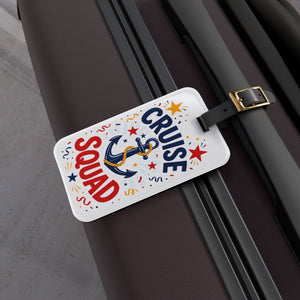 Cruise Squad acrylic luggage tag with navy anchor, red and gold stars, colourful streamers, and adjustable black leather strap
