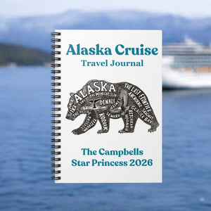 Personalized Alaska Cruise Travel Journal with bear word art design, custom family name, ship name, and year on a spiral notebook cover