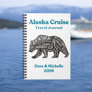 Personalized Alaska Cruise Travel Journal with bear word art design, custom family name, ship name, and year on a spiral notebook cover