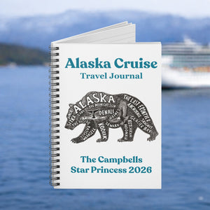 Personalized Alaska Cruise Travel Journal with bear word art design, custom family name, ship name, and year on a spiral notebook cover