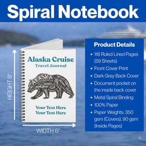 Personalized Alaska Cruise Travel Journal with bear word art design, custom family name, ship name, and year on a spiral notebook cover